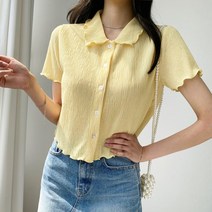 국산 파스텔 컬러 링클 주름 카라 반팔 블라우스