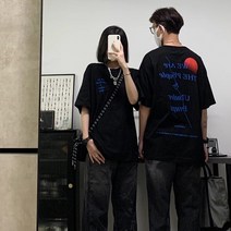 커플룩 낙조로즈 루즈핏 순면 레터링 프린트 반팔 커플 블랙 티셔츠