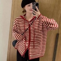 PoeLynt레드 스트라이프 니트 후드집업 가디건 봄가을겨울 레이어드 긴팔 니트녀