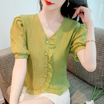 퍼프 쉬폰 블라우스 프렌치 감각 V넥 여름 셔츠