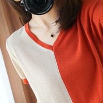허니시스터 하니 콤비 배색 브이넥 여름 반팔 니트 티셔츠