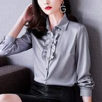 자칠 한국 실크 여성 블라우스 긴 소매 사무실 레이디 버튼 셔츠 위로 우아한 여성 새틴 셔츠 탑스 Blusas Mujer, 라이트 그레이
