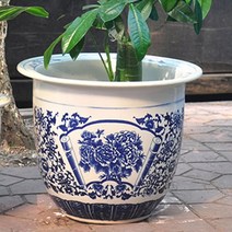 대형도자기화분 초대형 화분 달항아리화분 특대형 Jingdezhen 세라믹 파란색과 흰색 냄비 트레이 나무 그릇 발코니 안뜰 야외 수경 녹색 식물 무 철 식물 특대 농축, 가리비 모란, 외경 17 내경 13