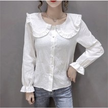 에블 대박걸 프릴 둥근 빅 와이드 카라 청순 장미 꽃 패턴 긴팔 여자 블라우스 3color S-XL