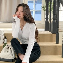 여신 브이넥 랩 무지 긴팔 베이직 티셔츠
