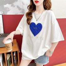 패스타임 여성 여름 면 반팔 하트 핫피스 오버핏 박시핏 반팔 티셔츠