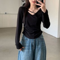 POMTOR 빅사이즈 통통 MM 긴팔티셔츠 여 춘추 이너 이너라이너 정견 날씬해 보이는 브이넥 숏탑