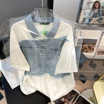 여자 청남방 블라우스 Circyy 여성 셔츠 스타일 탑 데님 패치 워크 시크하고 루즈한 반팔 디자이너 포켓 패션 여름 의류