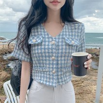 여름 여성 자켓 반팔트위드 무지 브이넥 직장 쇼츠 슬림핏 하객 단추 포인트 출근룩 트렌디 자켓 B88