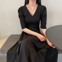 여성 롱 슬리브 원피스 프렌치 라이트 V 넥 솔리드 컬러 허리 슬리밍