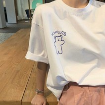 예쁜 곰돌이 프린팅 티셔츠 여자 학생 오버핏 반팔티