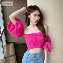 3컬러 오프 숄더 와이드 소매 주름 슬림 미니 크롭 탑 봄 여름 휴가 비치 바캉스 해변 여자 여성 심플 캐주얼 빈티지 유니크 GH50-364