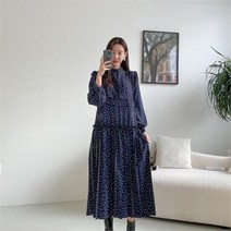 다잇템_패션 여자 플리츠 롱슬리브티 도트 히피 원피스