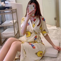 DFMEI 잠옷여여름반팔가운한국판청신박여름잠옷가운여름, 반팔 기모노 - 노랑오리, 엘
