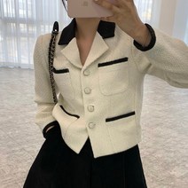 편안한 시크하고 스타일 수트 칼라 콘트라스트 컬러 트림 멀티 포켓 디자인 트위드 긴 소매 코트 가을상품