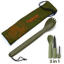 Tapirus Spork 전술 녹색 | BPA 프리 스푼 포크 스테인리스 스틸 나이프 및 파이어 스타터 | 3 in 1 다목적 식기 | 야외 하이킹 캠핑 및 백패킹 장비 | MRE에 적합, Green
