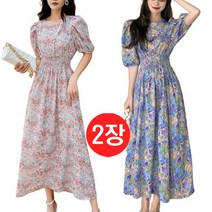 리더퀸 2-O-33 여성원피스 불루 핑크 2장 기본핏 원피스 플라워 반팔원피스 롱원피스