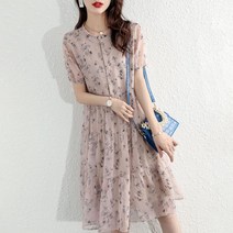 잘생쁨 헨리넥 플라워 쉬폰 반팔 플레어 미니 원피스