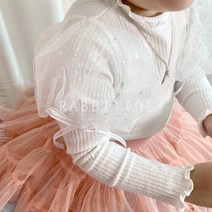 오로라 드롭 반짝이 리본 퍼프 소매 여아 물결 골지 티셔츠 4color