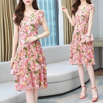 잇츠스타일 화려한 빅플라워 브이넥 프릴 캉캉 미디 원피스