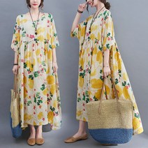 레몬 나뭇잎 클로버 꽃밭 반팔 허리 셔링 주머니 있는 롱 원피스 22JL097