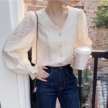 여자 데일리 큐티 어깨 퍼프 긴 소매 블라우스 셔츠