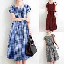 ZANZEA 여성 여름 반팔 체크 롱원피스