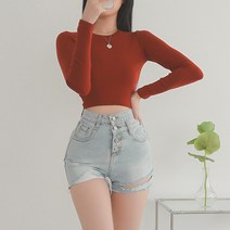 글램디브 무지 기본 슬림 크롭 라운드 긴팔 티셔츠 베온브 AA1161