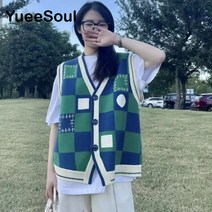 손뜨개조끼 오버핏 롱 크롭 니트조끼 빈티지 가디건 프린트 민소매 싱글 단추 오버사이즈 니트 조끼 여성 캐주얼 스트리트웨어 스웨터