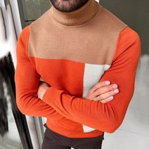 방한 터틀넥 겨울 남성용 스웨터 오렌지 컬러블록 슬림 니트 풀오버 남성 단색 캐주얼 가을 니트웨어
