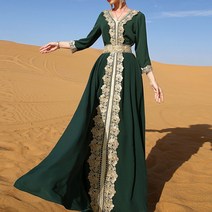 빅사이즈 가슴 짙은 녹색 자수 레이스 맥시 롱 원피스 an over-length dress