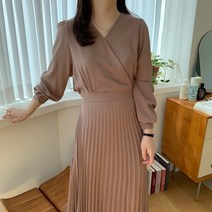 매일리룩 여리여리 랩스타일 브이넥 플리츠 허리 스트랩 롱 원피스