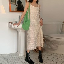 포린박스 화이트 레이스 캉캉 서스펜더 끈 나시 롱 원피스 SH