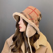 여성 체크 뽀글이 스웨이드 귀달이 벙거지 버킷햇 골프 캠핑방한 모자 2030골프웨어, 레드