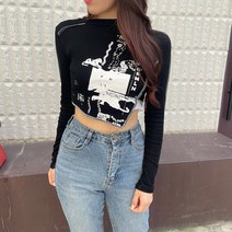VANANA2 스트릿 프린팅 언발 트임 크롭 슬림핏 티셔츠