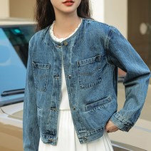 노카라청자켓 노카라데님자켓 연예인 라운드 봄 키작녀 숏 빈티지 크롭 주머니 포켓 구제