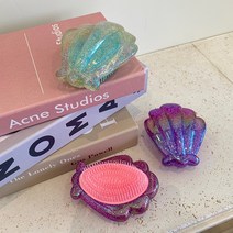 조개빗 조개브러쉬 오로라 홀로그램 글리터 쉘 휴대용 머리빗 브러시, 퍼플