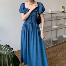 코발트 블루 셔츠 파란색 블라우스 남방 난방 미디 드레스 용 스위트 보우 청소 스퀘어 칼라 퍼프 슬리브 하이 웨이스트 폴드 캐주얼 여름