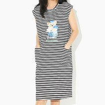 여성원피스 민소매 단가라 곰돌이 주머니 원피스