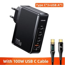 USAMS 100W GaN USB 충전기 C타입 PD 고속 충전 4.0 3.0 휴대용 휴대폰 충전기 맥북 노트북 스마트폰용, 02 With USB C Cable EU