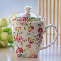 플라워 사각 본차이나 도자기 손잡이 머그 컵 세라믹 꽃무늬 모닝 아침식사 커피잔, 레드 블러썸