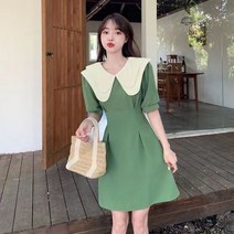 JUST FEEL!NG 여성 더블 칼라 퍼프 반팔 단색 여름 원피 슬림핏 허리 맞주름 밴드 데이트 여행 쉬폰 원피스