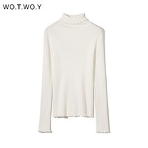니트 Wotwoy 슬림 피트 터틀넥 프릴 스웨터 여성 솔리드 바닥 풀오버 여성 나비 슬리브 점퍼 여성 가을