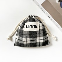 린네 ﻿자체제작 그레이 체크 빅 라벨 복조리 스트링 파우치 화장품 파우치