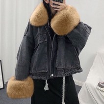 대장패딩 겨울 느슨한 데님 재킷 여성 오버사이즈 모피 칼라 플러스 벨벳 패딩 재킷 코튼