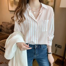Yanda 여성 린넨 스트라이프 셔츠 루즈핏 블루 스트라이프 긴팔 셔츠