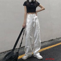 카고 바지 여성 가을 높은 허리 흰색 청바지 여성 느슨한 슬림 조커 스트레이트 와이드 다리 바지