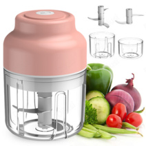 미니 다지기 야채 고기 이유식 무선 전동 마늘파쇄기 3중칼날 대용량250ml + 100ml용량 컵 + 2중칼날, 분홍색