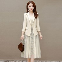 예복원피스 아나운서 2022 봄 여름 새로운 정장 코트 꽃 드레스 투피스 여성 캐주얼 블레이 저 메쉬 미디