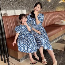 해외피크닉 우아 여름 여아 반팔원피스 플라워 퍼프 롱원피스 a라인 코튼 엄마랑딸 커플